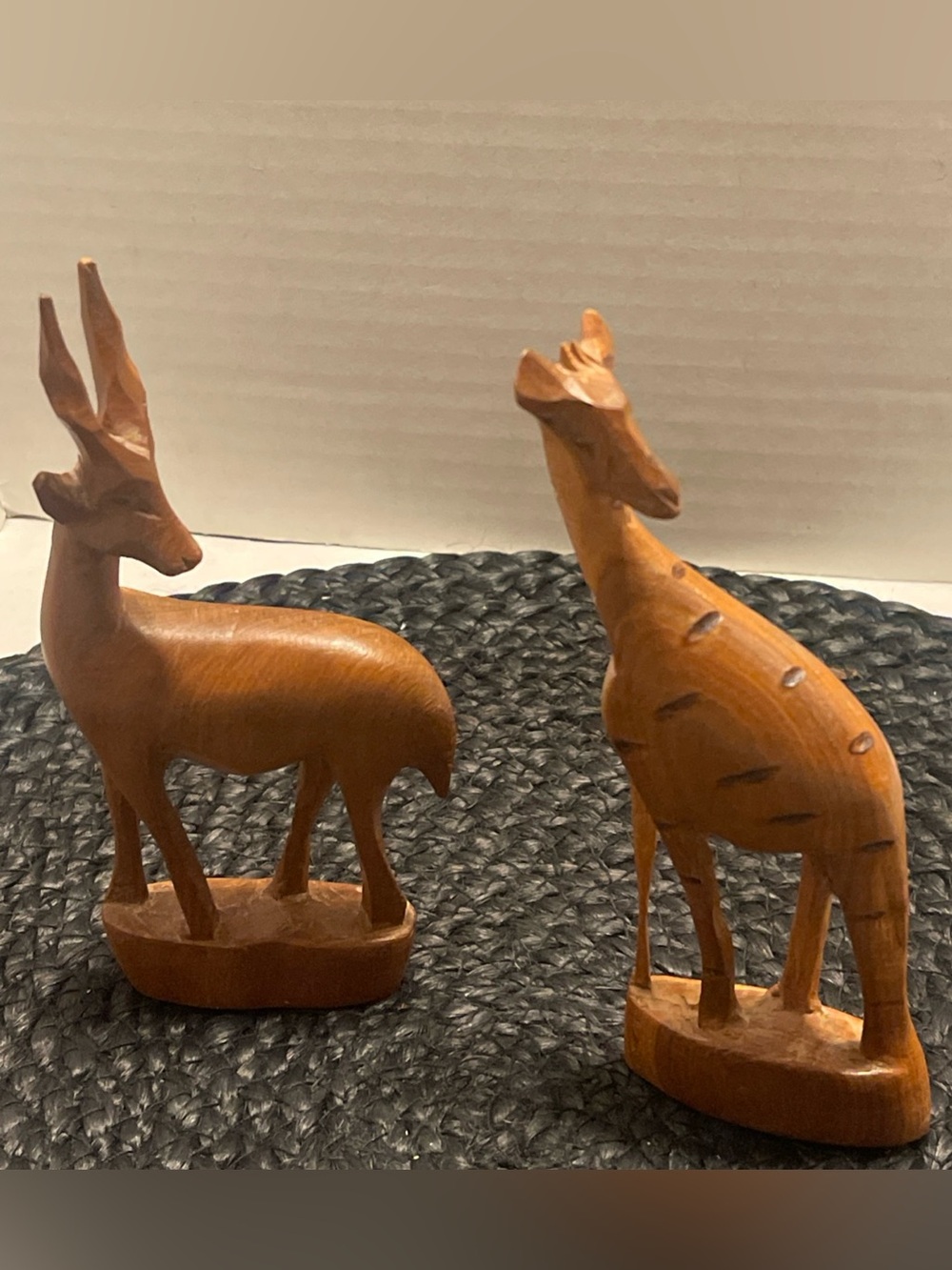 Mid Century Hand-Carved Teak Wood Giraffe & Antelope Figurine - Warm Honey Brown